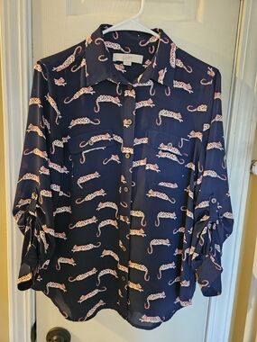 LOFT Navy Leopard Print Button-Up Blouse